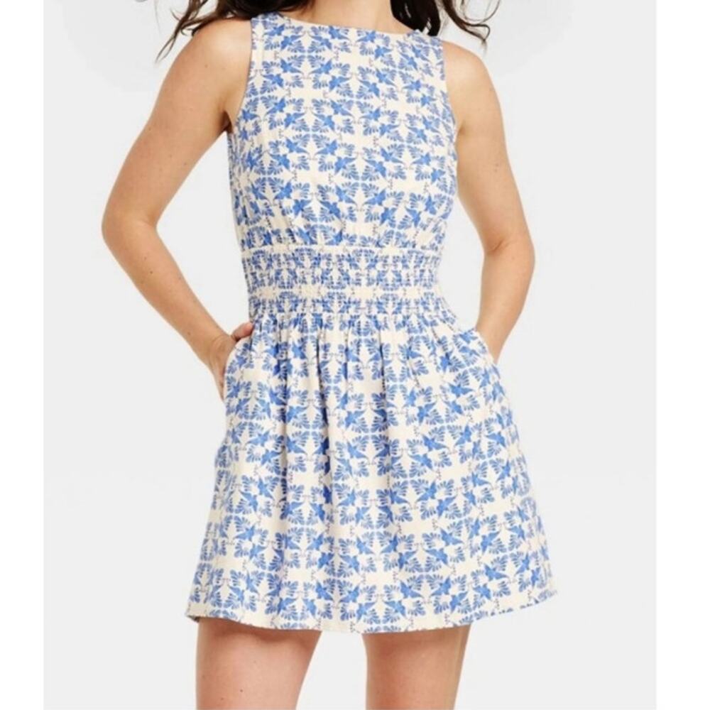 Universal Thread Floral Dress XXL Blue White Smocked Waist Pockets Cottage